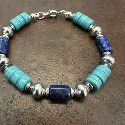 Blue Lapis Lazuli Bracelet with Silver Accents and Southwestern Design