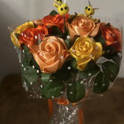 Ribbon Rose Bouquet Yellow Orange Peach w/Bee