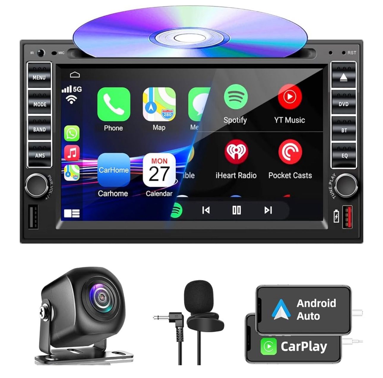 Double Din Car Radio With Back Up Camera And Voice Control Cd/DVD Bluetooth 7in