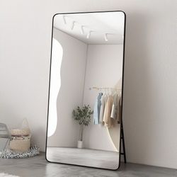 Squared Full Length Mirror, L67in. W27.5in. Floor Mirror with Stand, Large Standing Mirror wooden back, Bedroom Living Room, Aluminum Frame, black