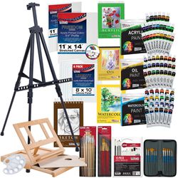 U.S. Art Supply 133-Piece Deluxe Ultimate Artist Painting Set with Aluminum and Wood Easels, 72 Paint Colors, 24 Acrylic, 24 Oil, 24 Watercolor, 8 Can