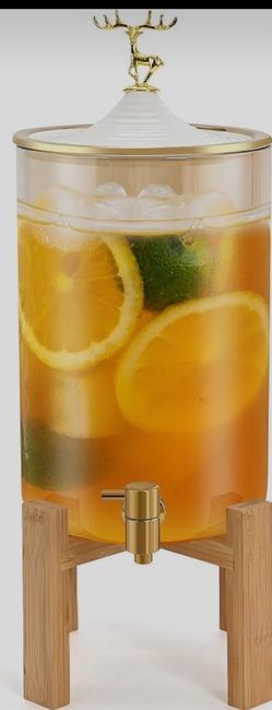 Cenyan Glass Beverage Dispenser w/ Wooden Stand & Gold Spigot – New
