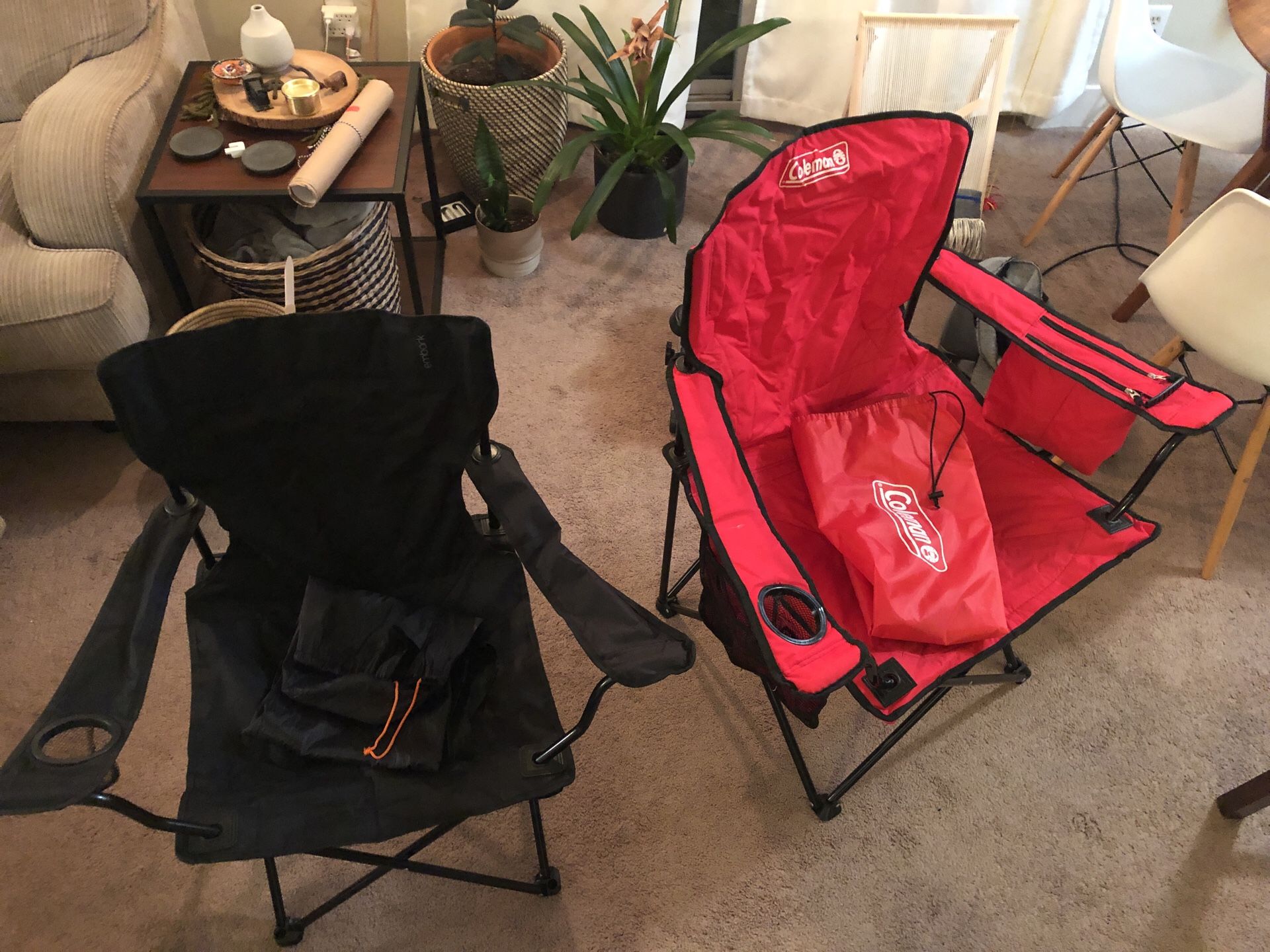 2 portable camping chairs (Coleman portable with 4 can cooler & Embark portable chair)