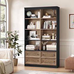 Double Row 6 Tier Bookcases, 71 in Tall Bookcase Bookshelf with 4 Drawers and 8 Display Cubicles, for Home Office Living Room, Black& Oak