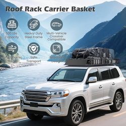 Roof Rack Cargo Basket,64"× 39" × 6" Extended Roof Cargo Basket,500-lb Capacity, Luggage Rack for SUV/Car with Wind Fairing, Black