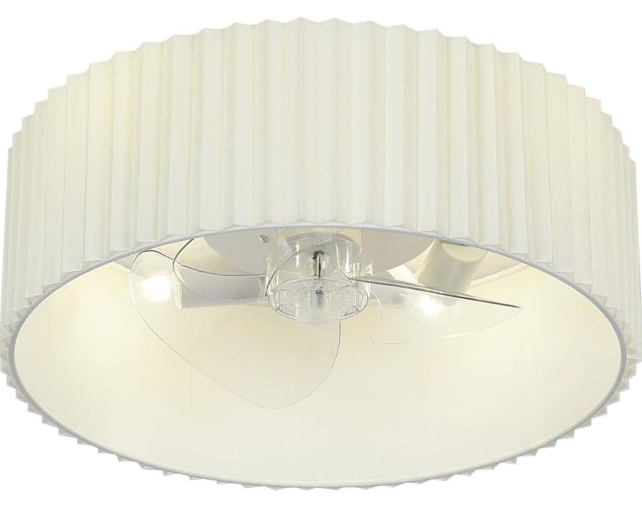 DC Flush Mount Pleated Fabric Drum Ceiling Fan with Light Fixture and Remote Control,Low Profile Enclosed Bladeless Round Fandelier