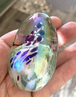 Signed Mt. St. Helens Ash MSH Art Glass Paperweight Iridescent Egg  Approx 3" Tall x 1.75" Diameter