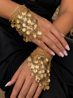 Gold Coin Charm Cuff Bracelets Set of 2