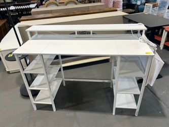 White Desk with Storage Shelves - 47 inch Home Office Gaming Desk with Monitor Stand