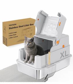 Stainless Steel Cat Litter Box with Lid, Large Covered Enclosed Kitty Litterbox with Hood, Flip Top, High Side, Litter Mat, Scoop for Big Cats, Kitten