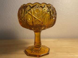 Vintage L.E. Smith Heritage Quintec Gold Honey Amber Glass Octagon Starburst Pedestal Stemmed Compote