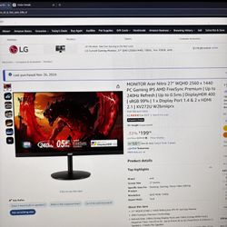 Acer 27” Gaming Monitor 1440p 240Hz
