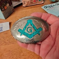MASONIC VINTAGE BELT BUCKLE WITH TURQUOISE INLAY