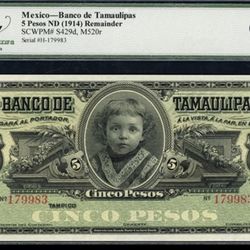1914 5 Pesos Banco de Tamaulipas Remainder Note. Legacy Gem New 66 PPQ