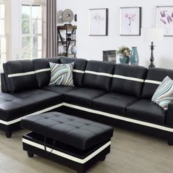 Ellenvillew 103.5” Wide Faux Leather Sofa & Chaise with Ottoman