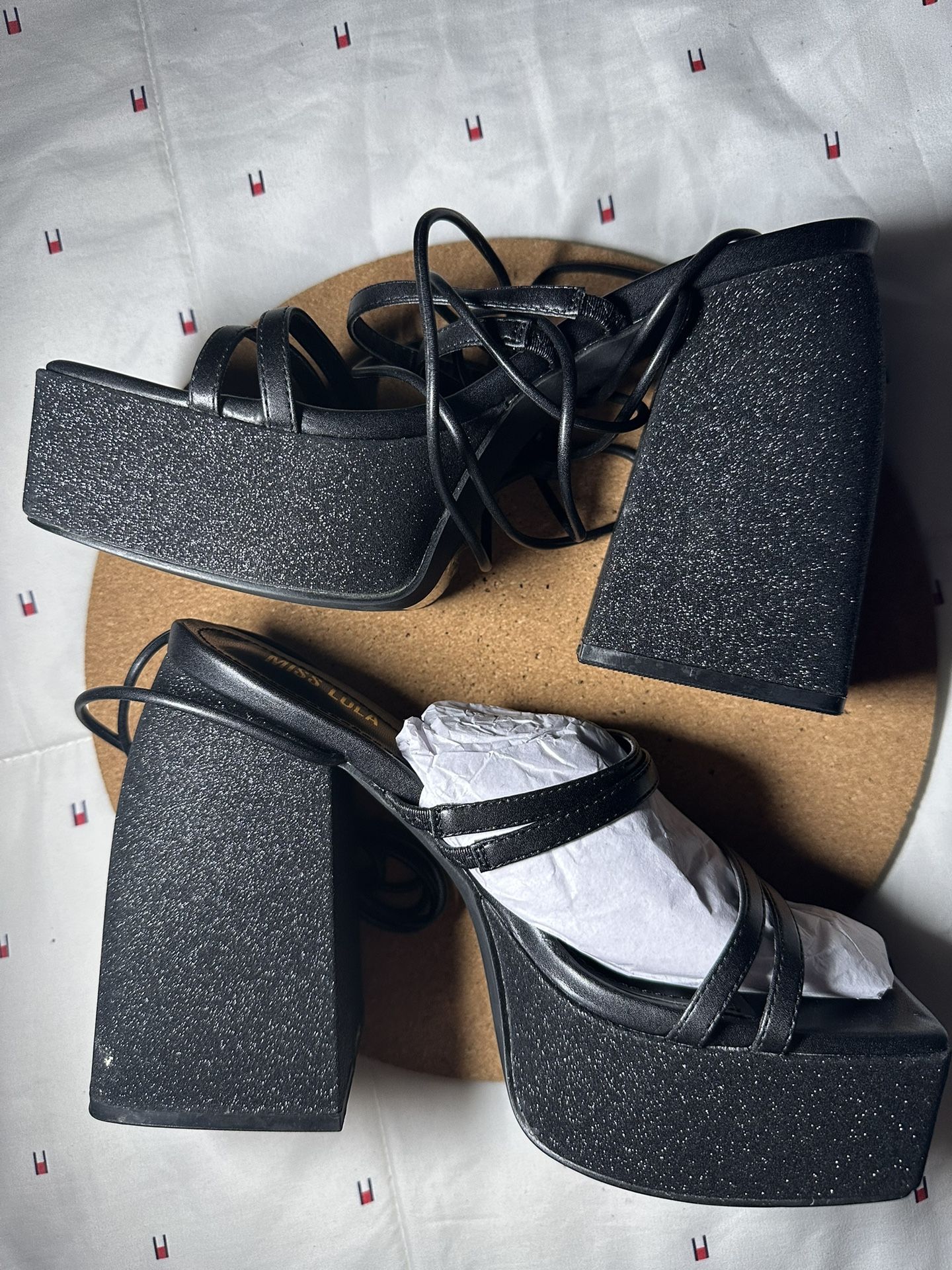 Miss Lola Black Sparkle High Heels Size 7 Square Toes