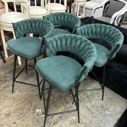 4-Piece Set of Modern Cotton Linen Bar Stools | 360° Swivel with Woven Back & Metal Legs