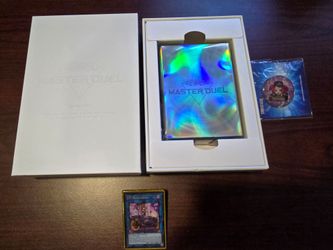 Yu-Gi-Oh Master Duel White Box Card Sleeves 100ct, I:P Masquerena Pin, and Yu-Gi-Oh! Event Promo Coin
