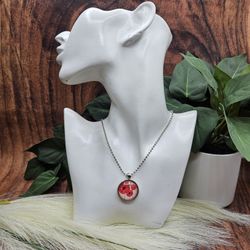 Red poppy flower dome pendant  necklace on a silver ball chain symbolizes the fallen service men and women their ultimate sacrifice for our freedom. c