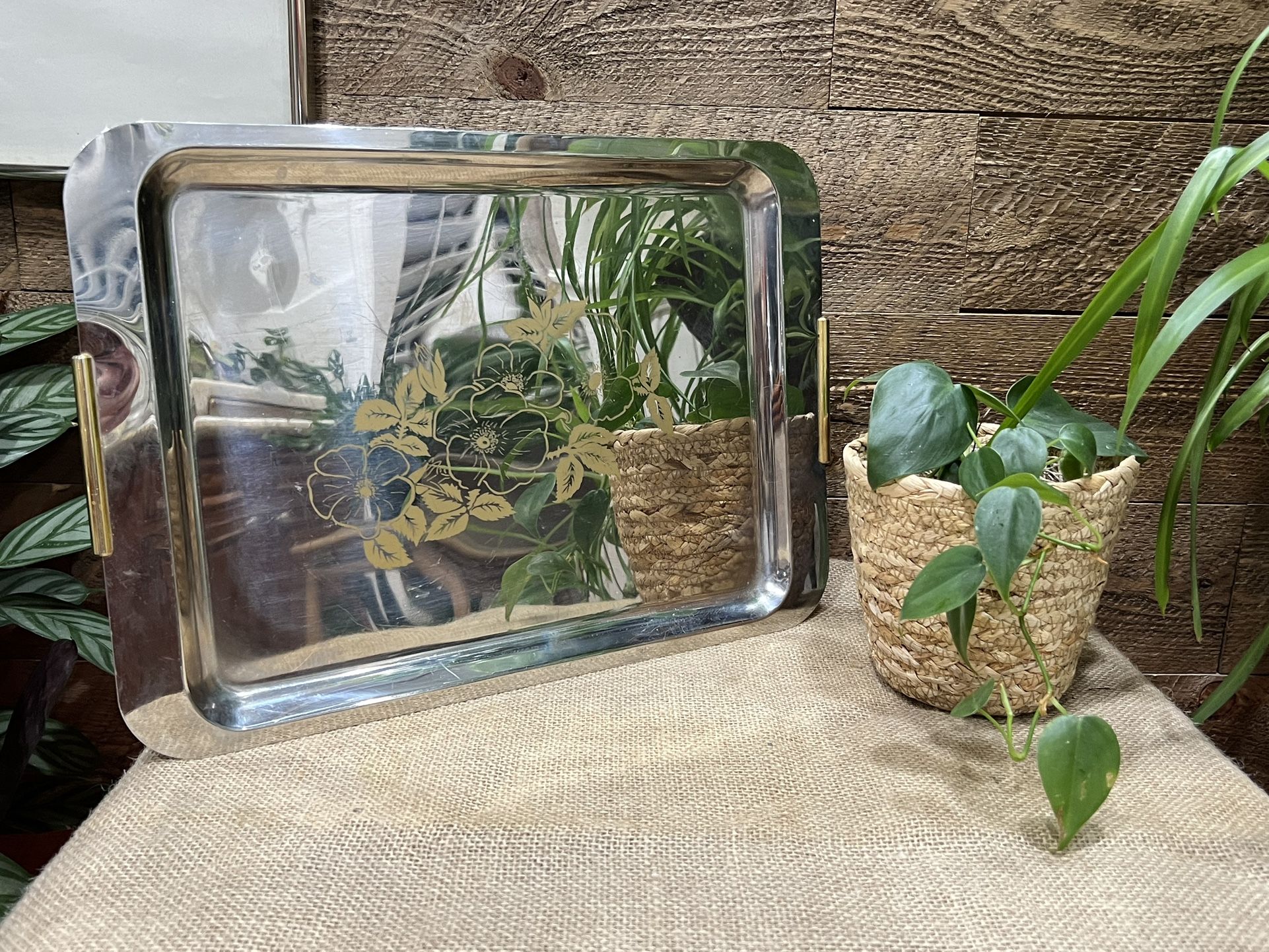 MCM Floral Silver Gold Metal Serving Tray Boho Maximalist Retro Vintage 60 70 Decor Display Mirror