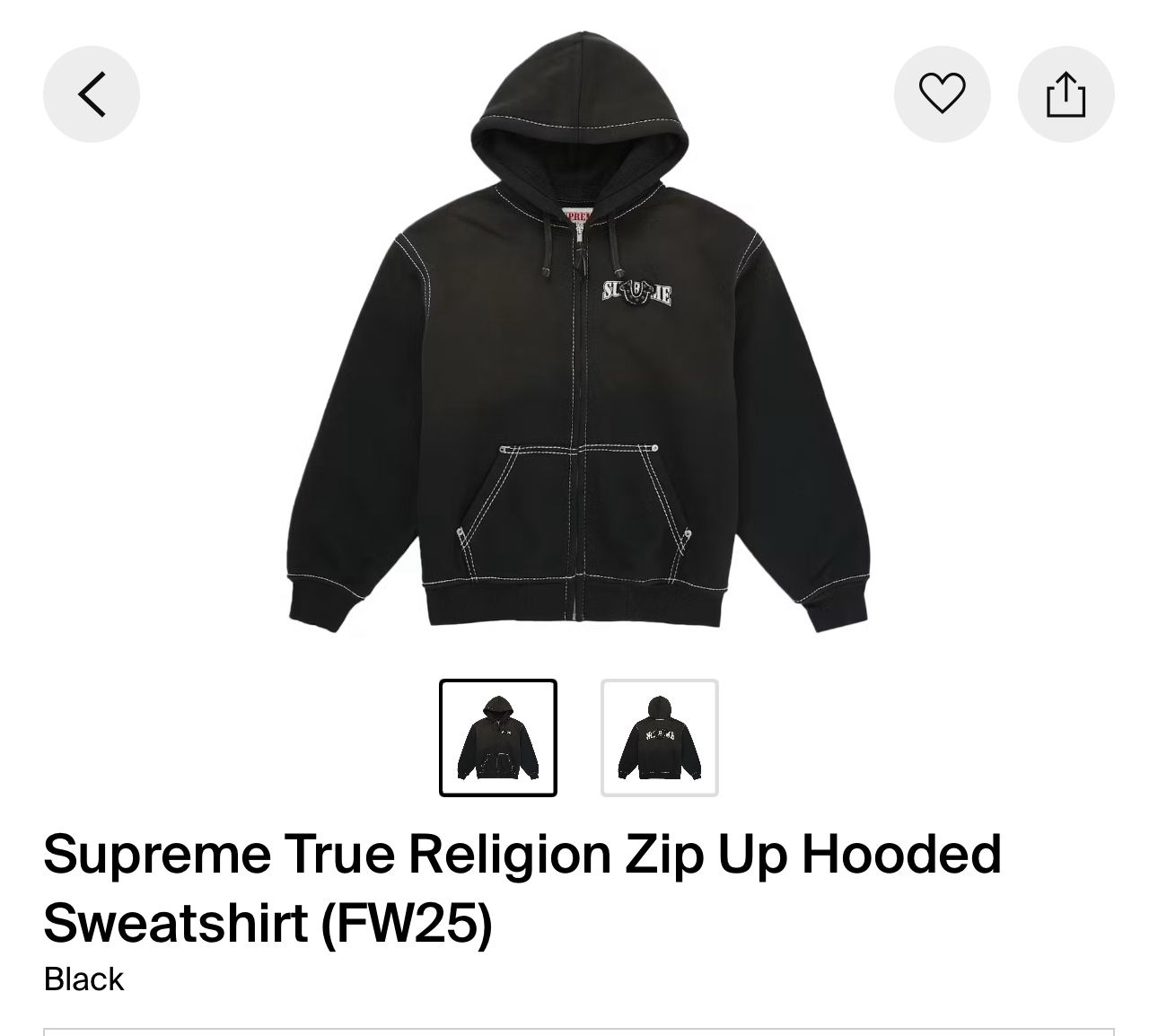 Supreme True Religion Zip Up hooded sweatshirt 