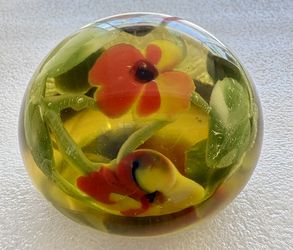 Paper Weight- Floral Design In Amber Color Glass