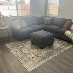 CORDUROY GREY SECTIONAL SOFA WITH OTTOMAN