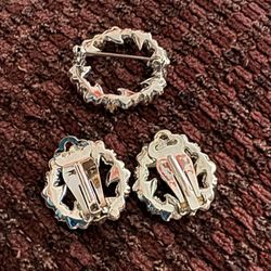 Vintage Estate Silver & Borealis Stone Pin & Earring Set 