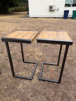 Set of 2 Industrial C-Shaped Metal & Wood Side Tables / Sofa Tables