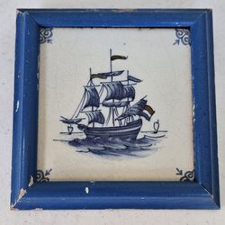 Framed Delft Sailboat Tile with Large mastsFramed Delft Sailboat Tile.  