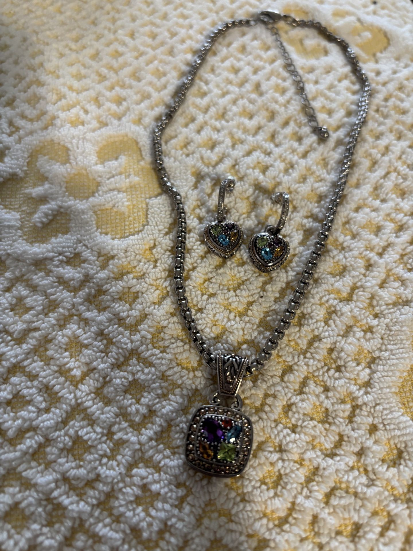 Silver Pendent And Earring Set With Stones.