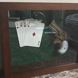 Old West Brass Finish 1866 Double Barrel Derringer with four cards in a shadow box Not firing