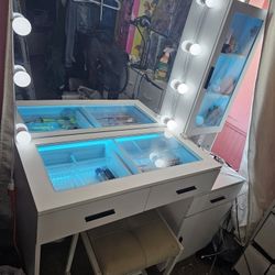  43'' Makeup Vanity with Glass Top, White Vanity Desk with Mirror and Lights & Charging Station, Vanity Table Set with RGB 