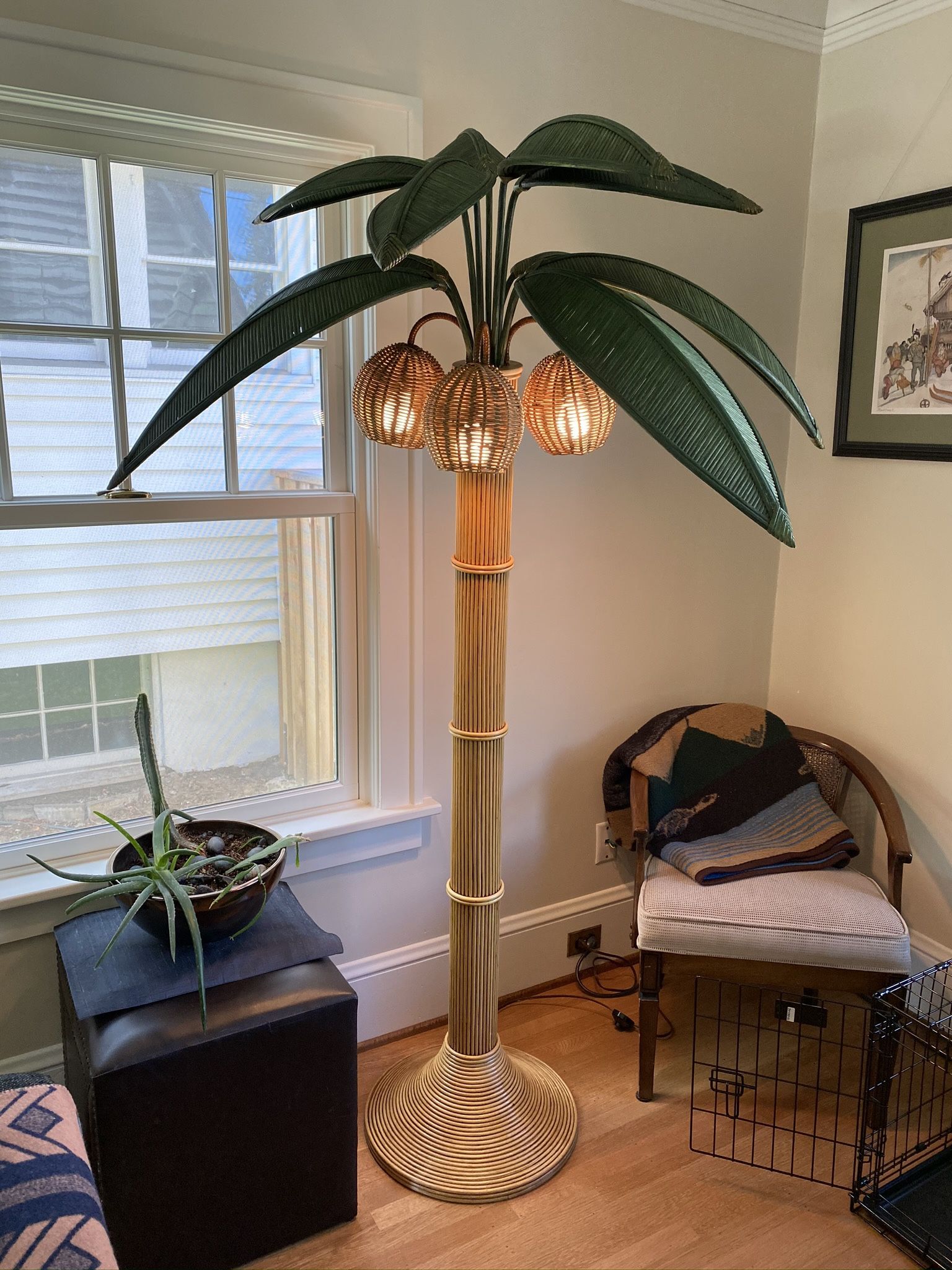 Wicker floor lamp in the shape of a palm tree designed by Mario Lopez Torres. Mexico, circa 1970s. Mid Century Height 78" Diameter 45"