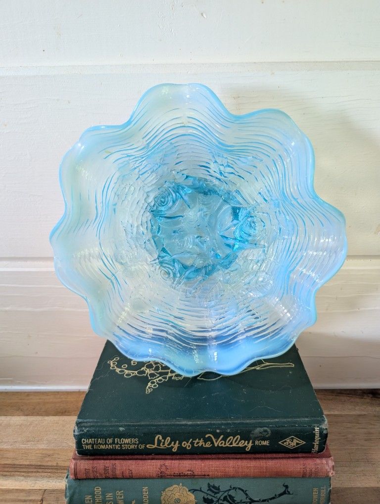 Antique Northwood Blue Opalescent Rose Show Bowl