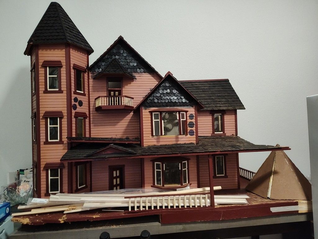 Victorian Doll House And All Of It's Crafting Materials Along With A File Cabinet