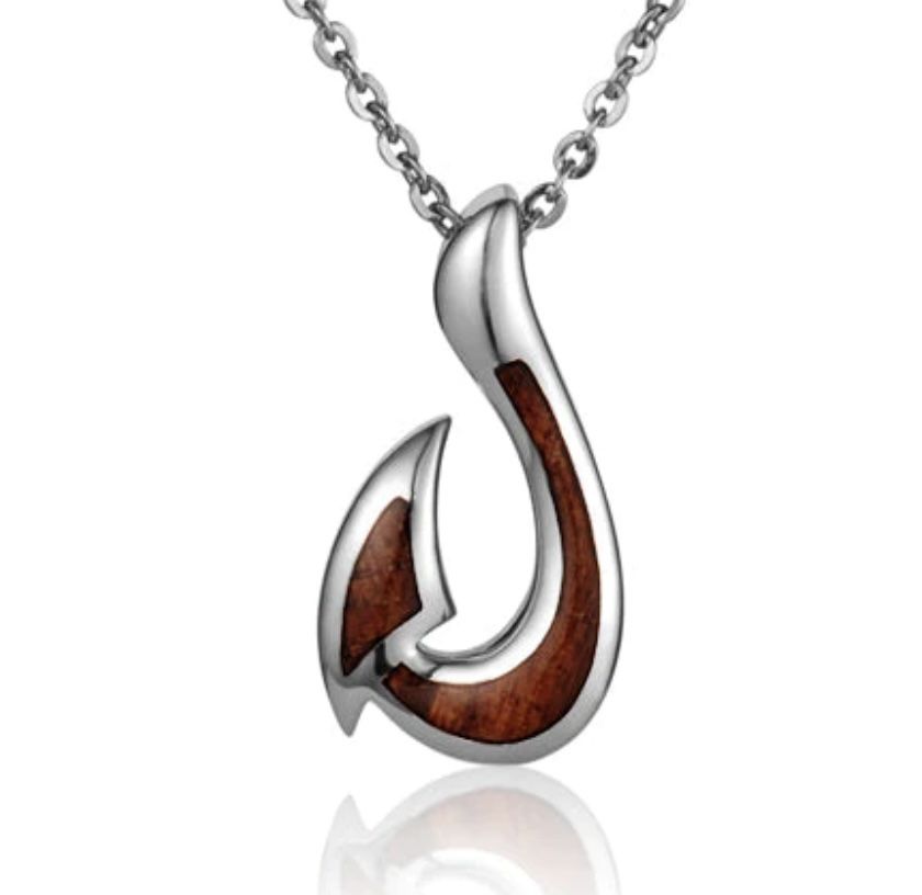 Sterling Silver Fish Hook with Koa Wood Inlay Pendant 