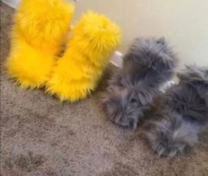 Canary yellow and Cool Grey Furry Fur Boots