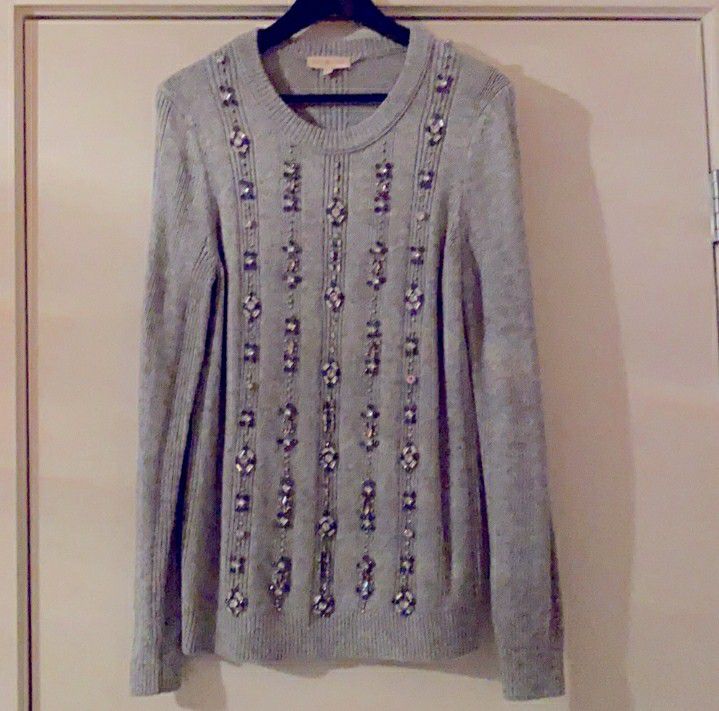 Tory Burch- Gray Etta Rhinestone Crewneck Sweater, Size Large NWOT