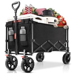 New Wagon Cart Foldable, Large Capacity Collapsible Wagon with Smallest Folding Design, Utility Grocery Cart for Camping Shopping Sports, Black