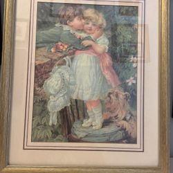 Adorable Boy Kissing Girl In The Garden. Professionally Framed 