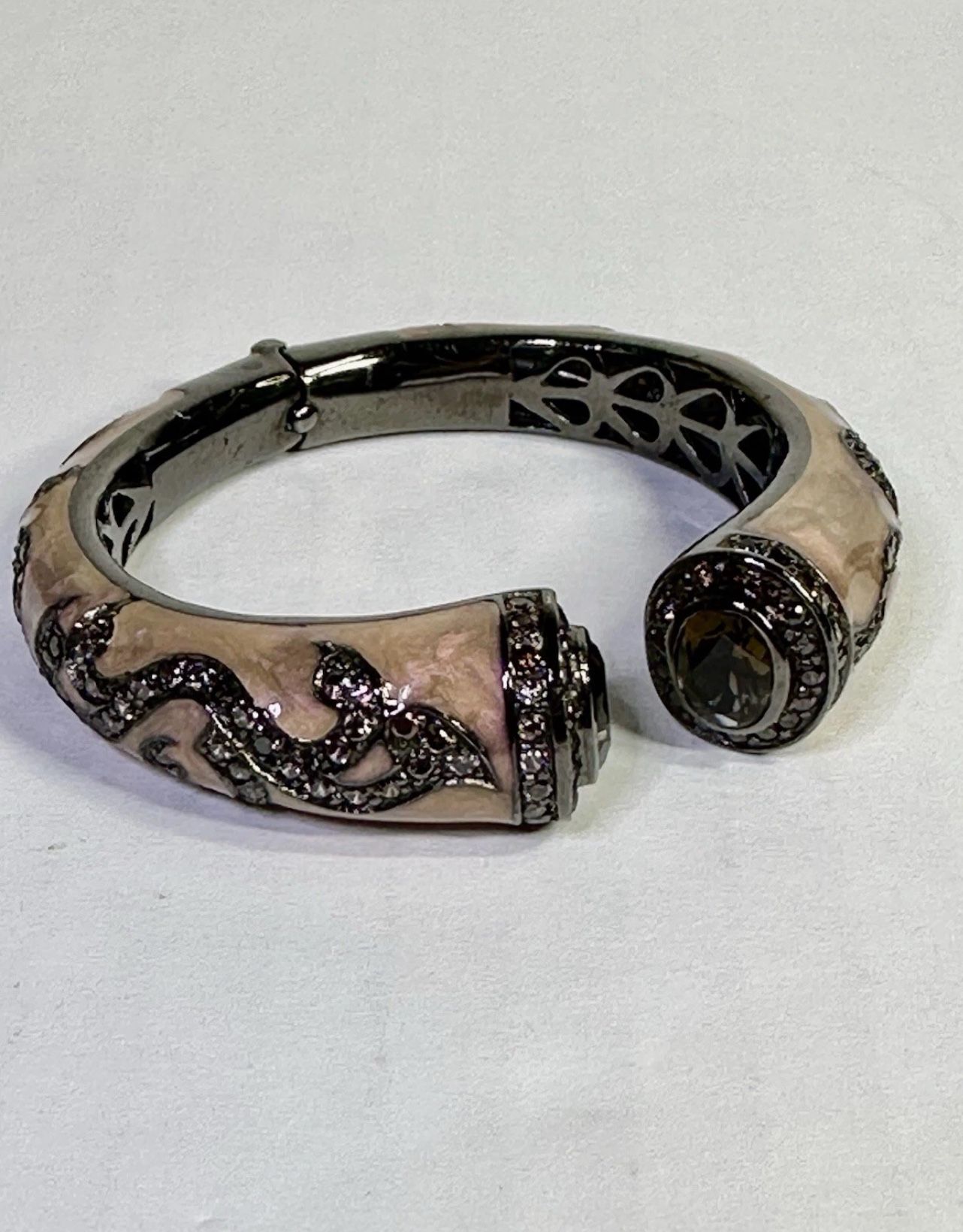 FREE SHIPPING! Samaya? 925 Silver Cuff Bracelet Smoky Quartz, Sapphires & Enamel 6.25” Lot#710