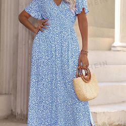 Long Blue Flowered Dress - Plus Size