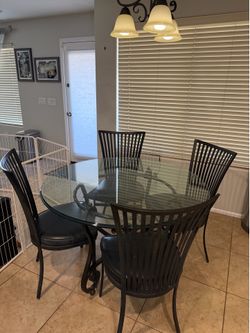 Dining table and chairs, wrought iron, glass and leather, dining set