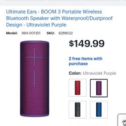 UE Boom 3 Wireless Bluetooth Speaker With Waterproof/Dustproof Design
