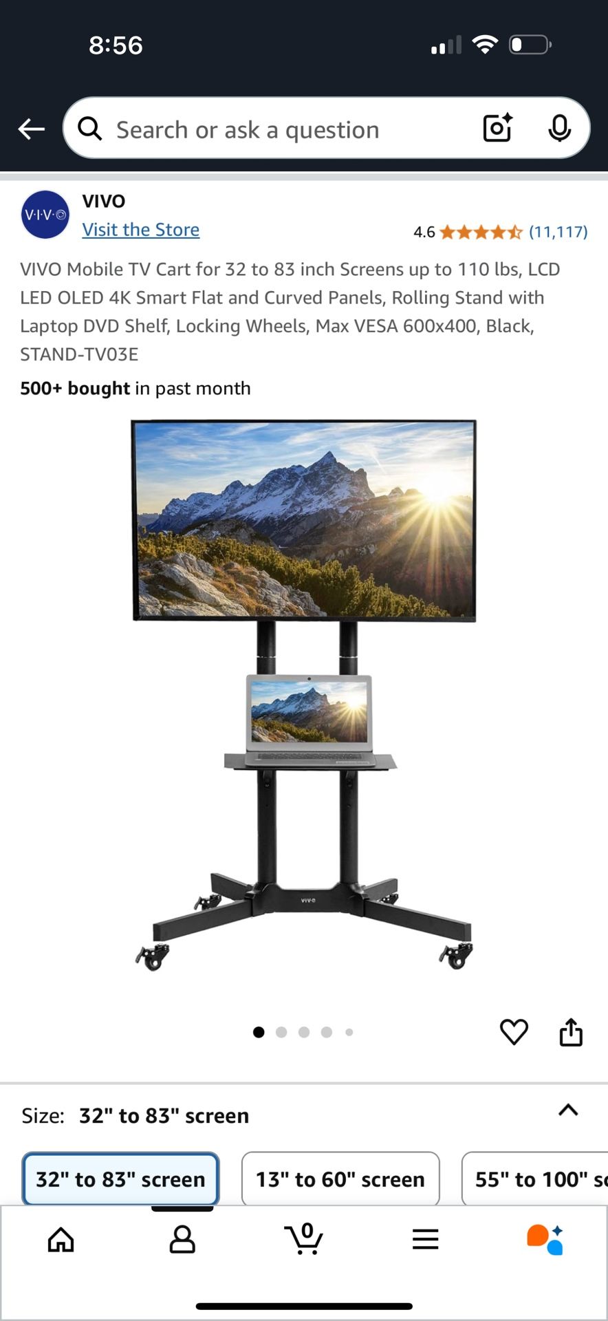 Mobile TV Cart for 32 to 83 inch Screens up to 110 lbs