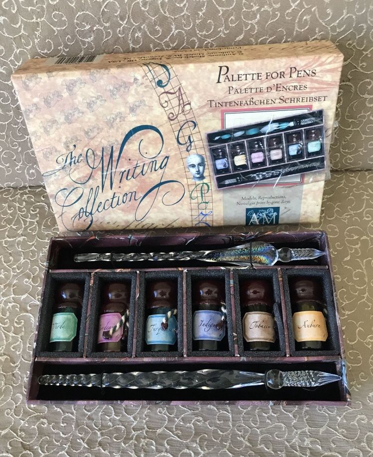 Glass Dip Fountain Pen Set, Palette For Pens Set of Two blown glass Pens with Six Inks VINTAGE