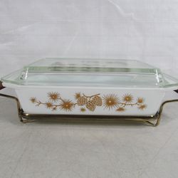 PYREX 575-B Vtg. 60's Golden Pine Cone 2 Qt. Casserole Dish & Cradle