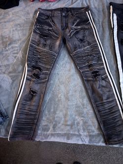 Men's Distressed Denim Jeans Black Gray Paint Splatter Stripe Straight Style