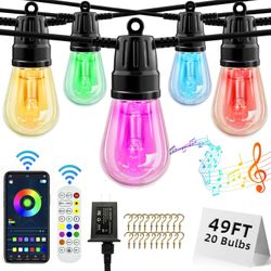 Outdoor String Lights, RGB Warm White Patio Lights 49ft 20 LED Bulbs, Remote & APP Control, Color Changing, IP65 Waterproof Hanging Lights for Garden 